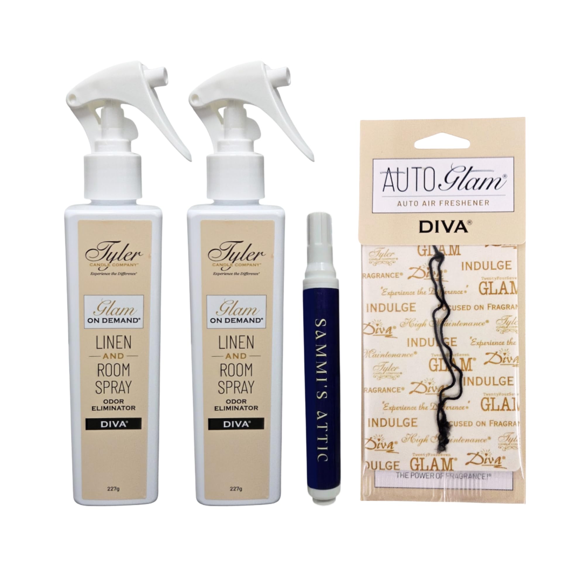 Tyler Diva Room Spray - Glam on Demand 2 Pack - Tyler Linen and Room Spray Bundle with AutoGlam and Stain Remover Pen - Diva Air Freshener and Odor