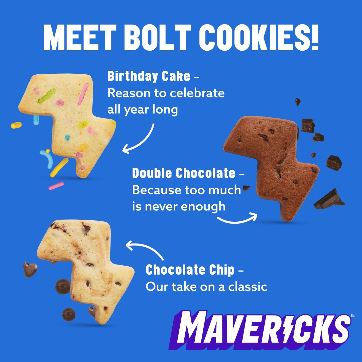 Mavericks Snacks Bolt Cookies Variety Pack - Healthy Plant-Based Snacks for Kids - Low-Calorie Chocolate Chip, Double Chocolate & Birthday Cake
