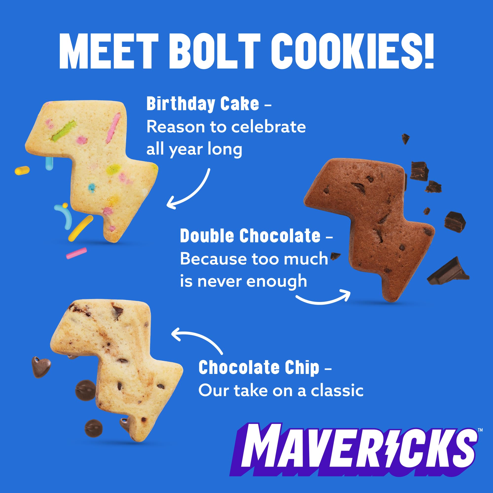 Mavericks Snacks Bolt Cookies Variety Pack - Healthy Plant-Based Snacks for Kids - Low-Calorie Chocolate Chip, Double Chocolate & Birthday Cake