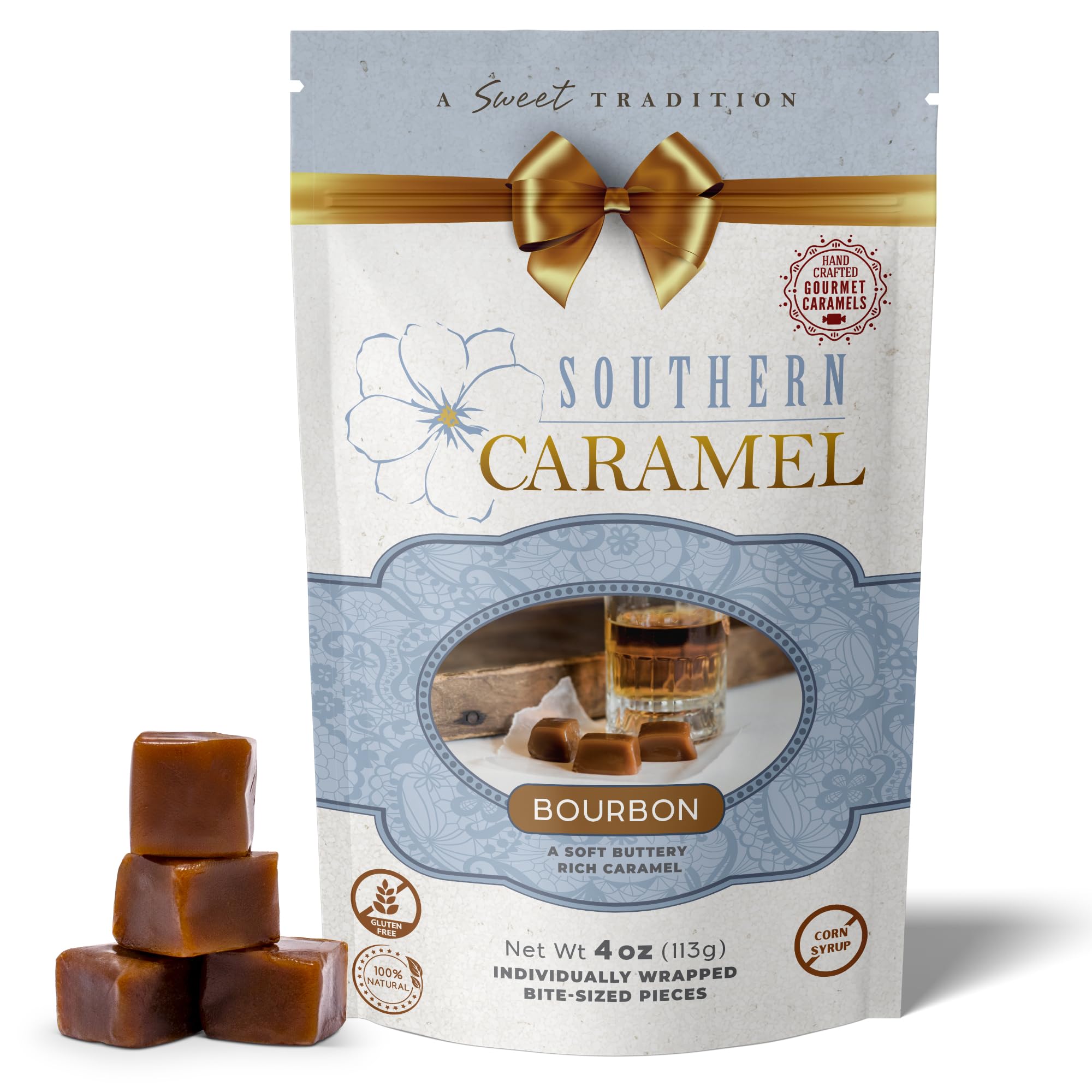 Southern Caramel Bourbon Caramels, Soft Buttery Gourmet Caramel Candy Infused with Smooth, Top-Shelf Bourbon, Handcrafted, Small Batch, Gluten Free