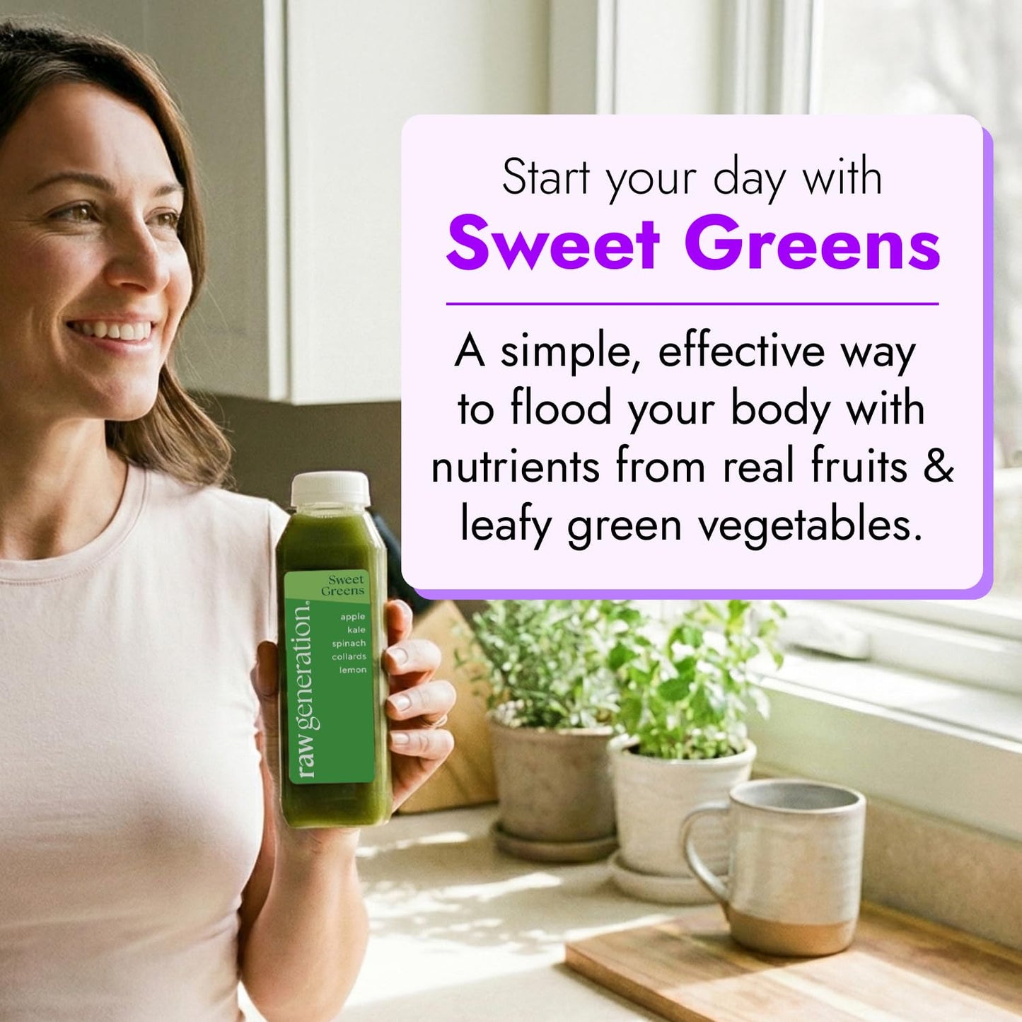 Raw Generation Sweet Green Juice Pack - Cold Pressed Juice/Boost Energy with Plant Based Nutrients Juices/A More Delicious Way to Get Your Sweet Green