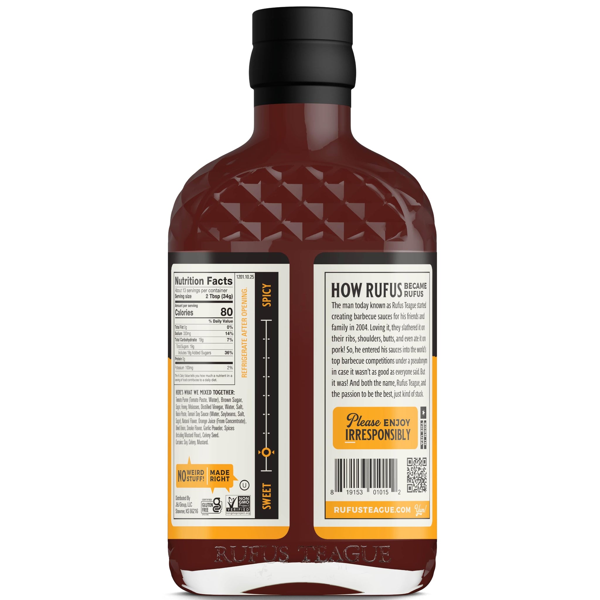Rufus Teague Honey Sweet BBQ Sauce, Non-GMO, Gluten-Free, 15.25 oz, 1-Pack