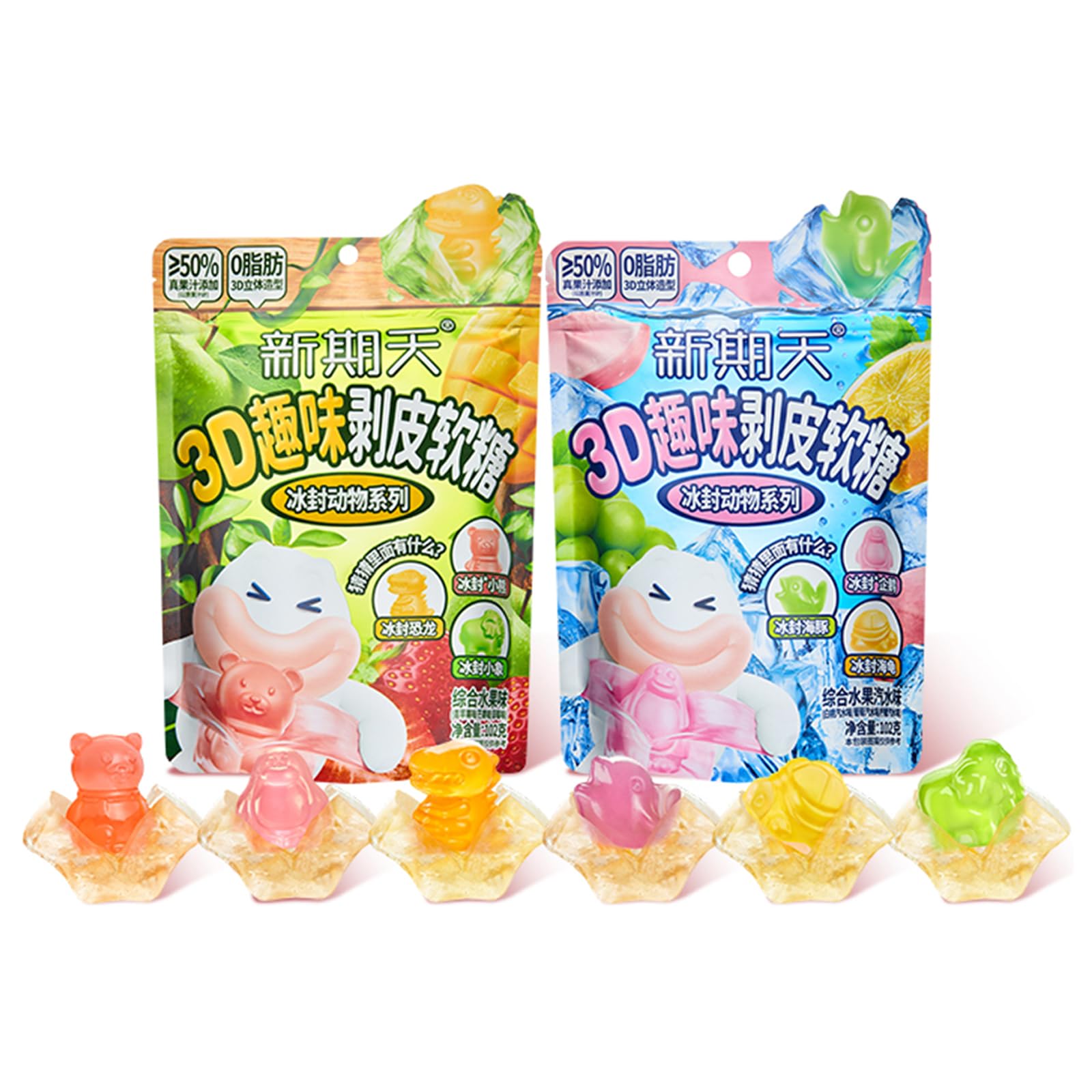 Fruit Peelable Candy, Delicious Peelable Gummies Fudge, 50% Juice Content White Peach Mango Grape Candy, Tasty Sour-Sweet Desserts Casual Snacks