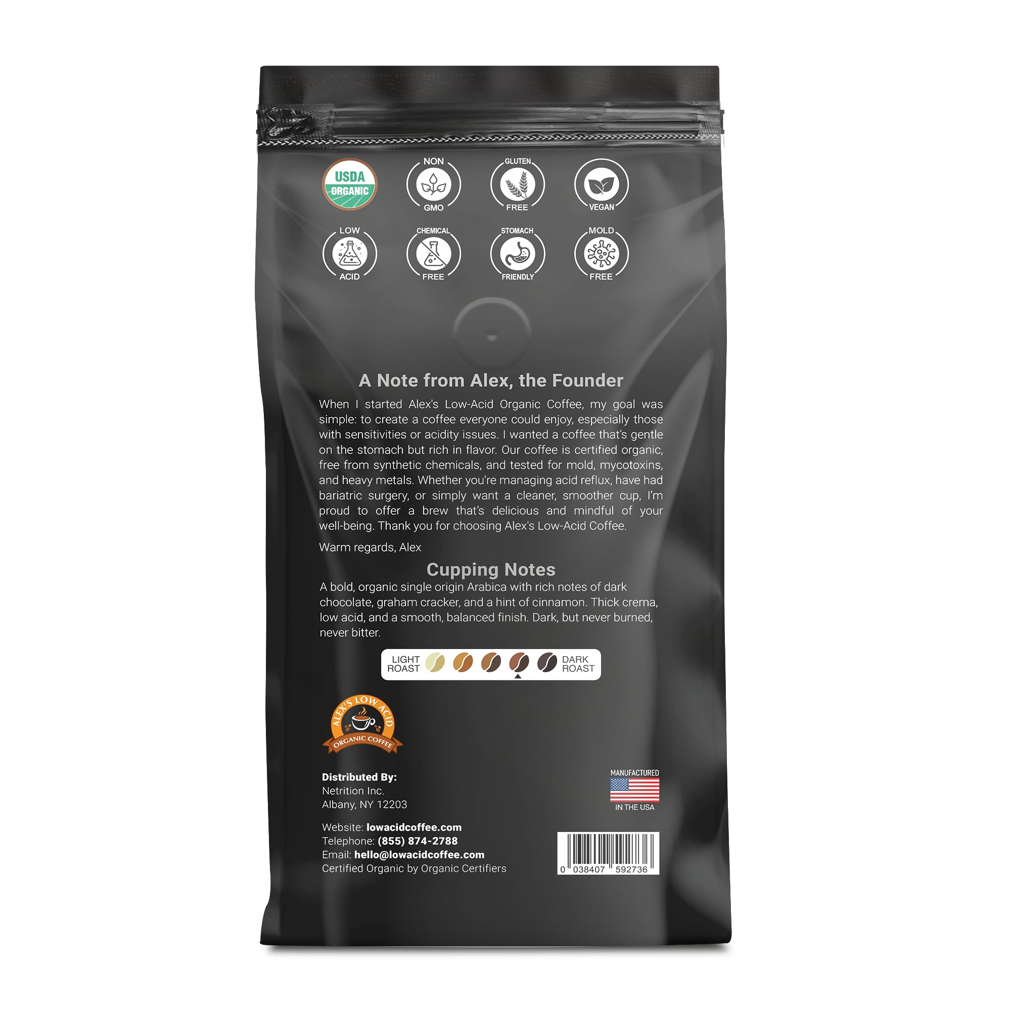 Alex's Low Acid Organic Coffee 12oz Bag - Whole Bean Espresso, Medium Dark Roast (1 Pack)
