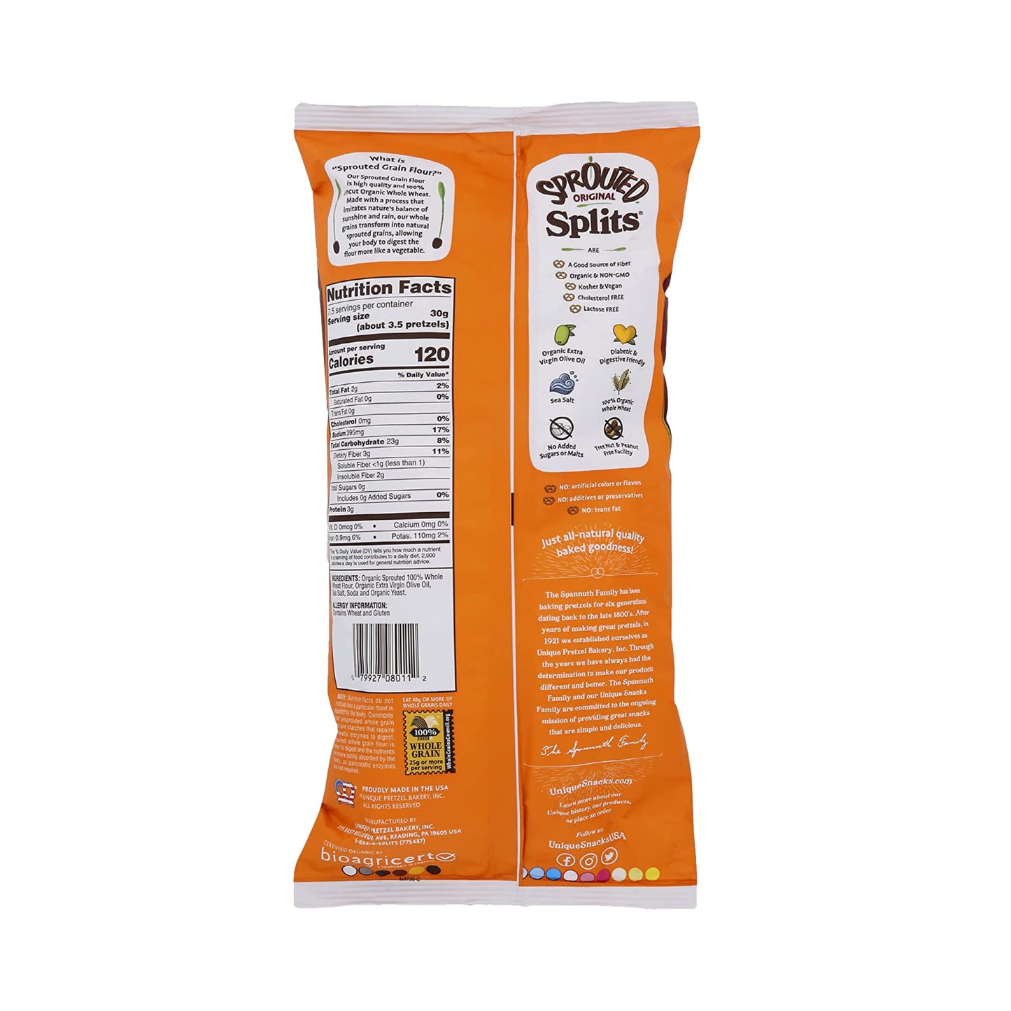 Unique Snacks Sprouted Splits Pretzels, Sprouted Pretzels, Delicious Homestyle Baked Snack Bag, OU Kosher, and Non-GMO Food, No Artificial Flavor, 8