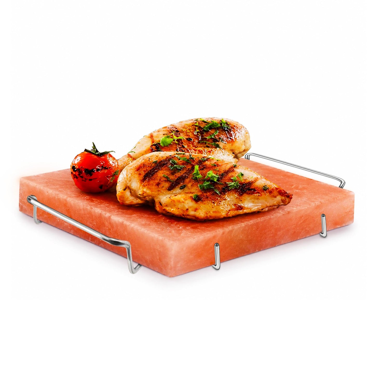 ZK Himalayan Salt Cooking Block 8"x8"x1” Plate with Steel Tray Holder- Food Grade Rock Salt for Grilling, Cutting, and Serving, Salt Slab a Unique