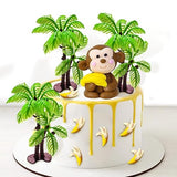 11 PCS Monkey Cake Topper with Coconut Trees Banana Cake Decoration for Jungle Safari Animal Themed Birthday Baby Shower Party Supplies