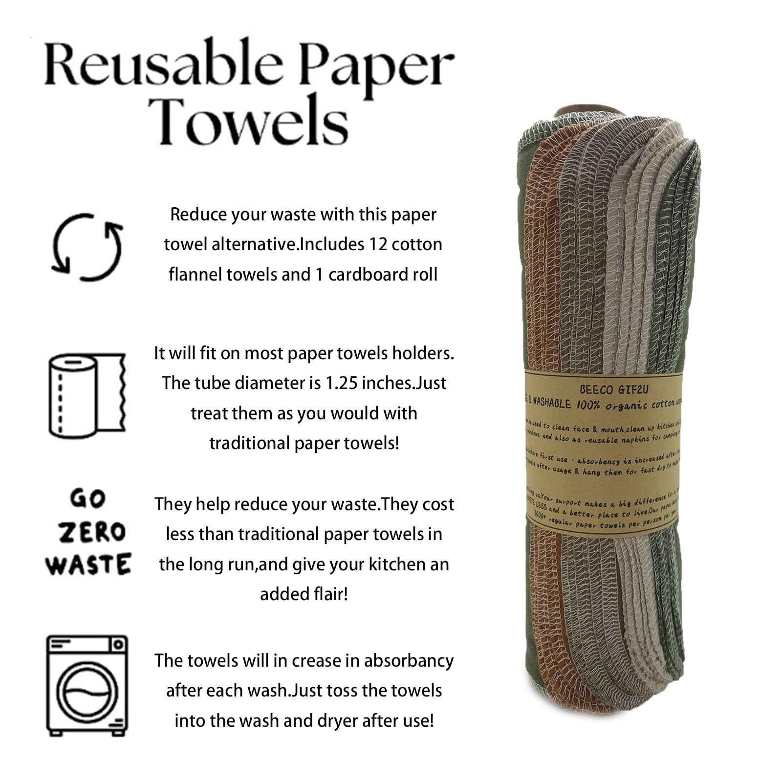 Reusable Paper Towel Rolls 20 Pack,Washable Napkin Cloth Value Set of 4 Colors 20 Pack of Paperless Towel-100% Cotton, Super Soft, Absorbent Made