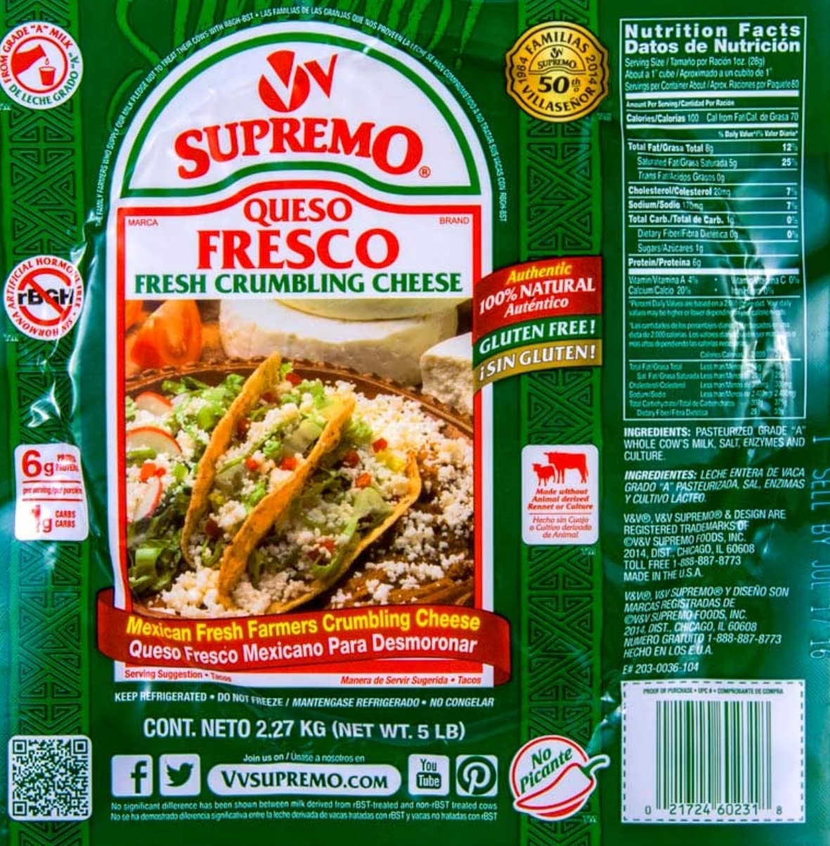 V & V Supremo Queso Fresco 5 Lb