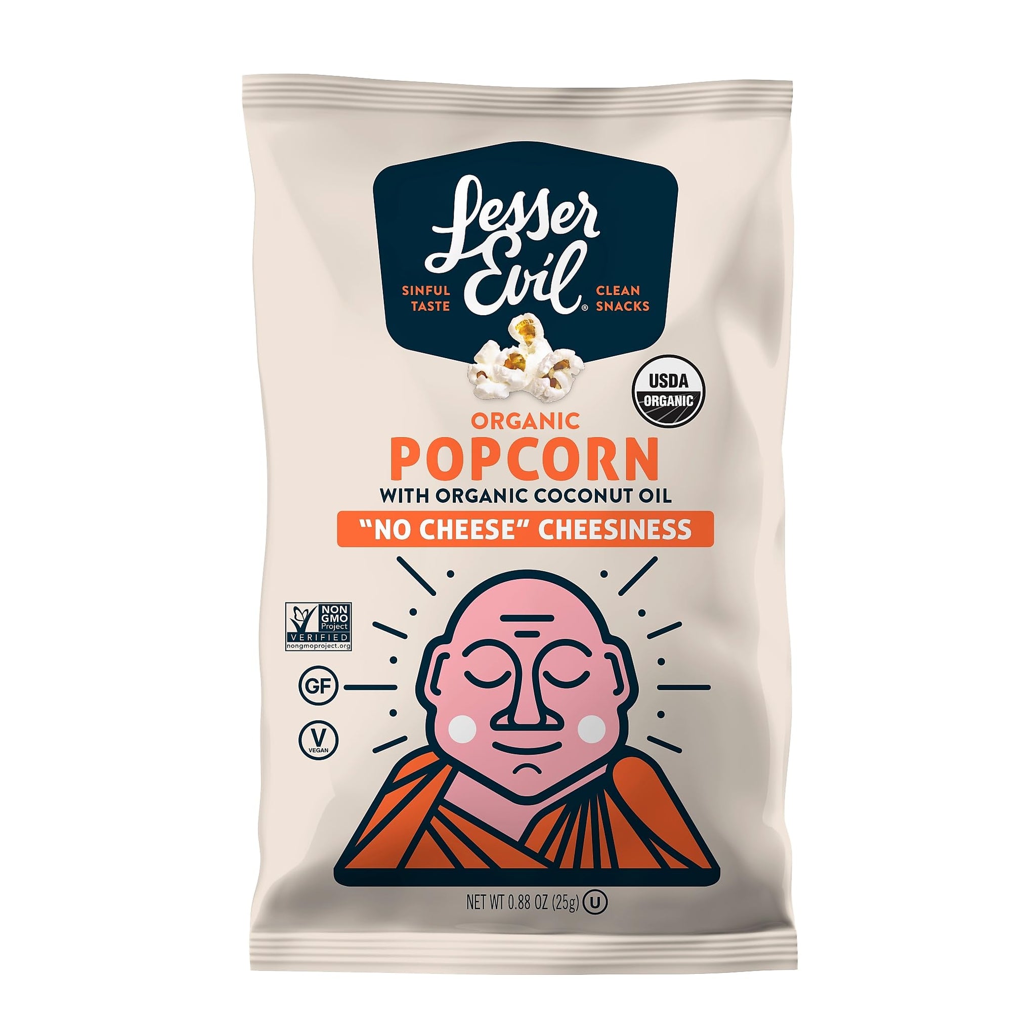 Lesser Evil LSN00862 Organic Popcorn, No Cheese Cheesiness, 0.88 oz., 18/Carton