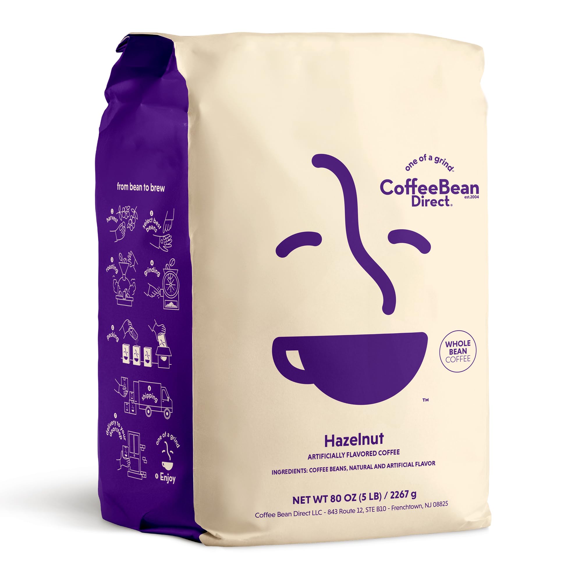 Coffee Bean Direct Hazelnut Flavored, Whole Bean Coffee, Smooth Nutty Flavor, Light Roast, 5 Pound Bag (Pack of 1)
