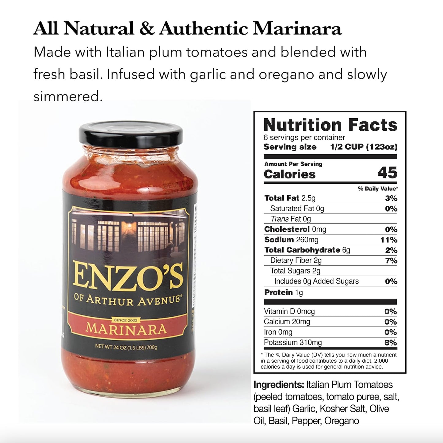 Enzo’s of Arthur Avenue Authentic Tomato Sauce, Authentic Homemade Italian Cuisine, Marinara Sauce, 1 Pack, 24 oz