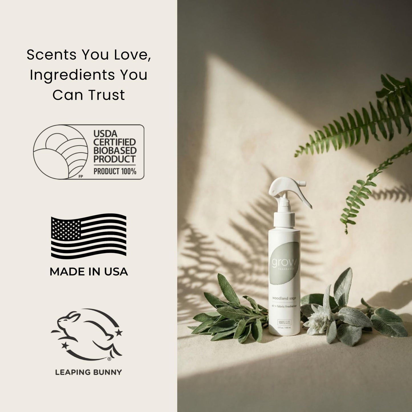 Grow Fragrance Certified Non Toxic, 100% Plant Based Fabric and Room Air Freshener Spray. Made with All Natural Essential Oils (Woodland Sage