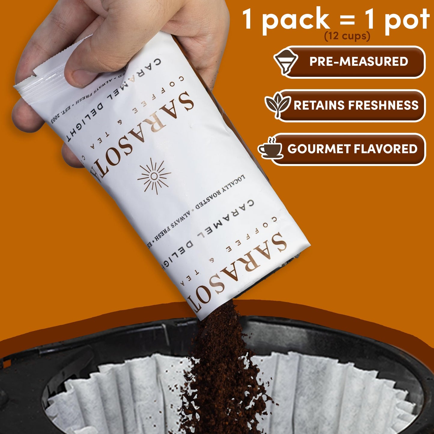 Salted Caramel Coffee Packs - Flavored Medium Roast | 2.5oz Pre-Measured Ground Packets for 12-Cup Brewer | Low Acid Mold-Free Gourmet Pouches | 36