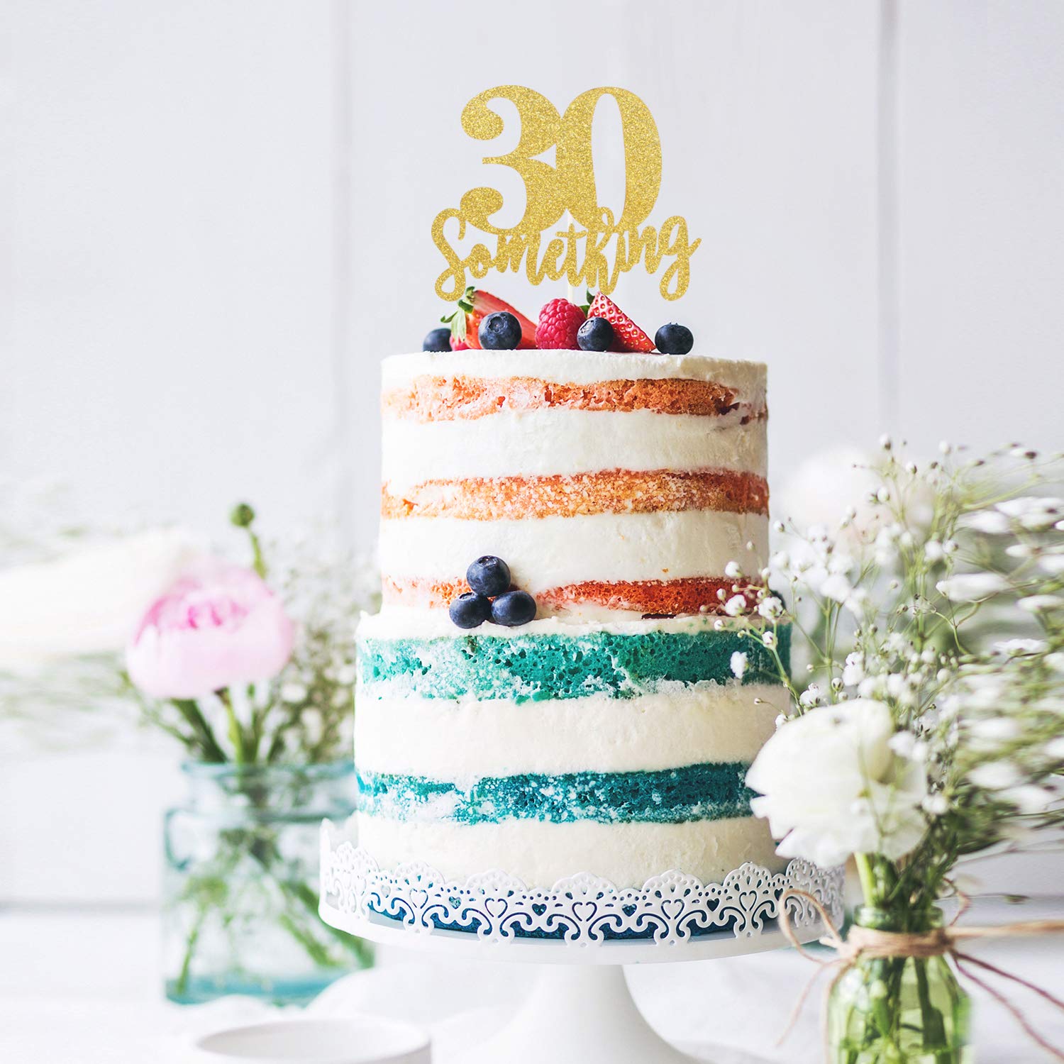 30 Someting Cake Topper, Happy 30th Birthday Sign,Dirty 30 Cake Topper,Hello 30 Party Decorations (Double Sided Gold Glitter)