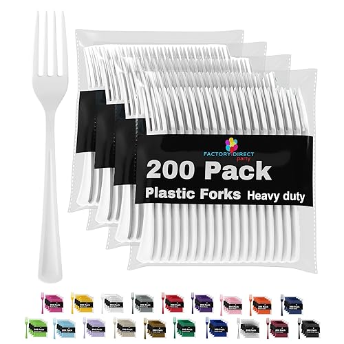 Party Solids White Plastic Forks 200 Pieces White Forks Disposable Utensils Heavy Duty Plastic Cutlery Set Disposable Cutlery Sets Flatware Sets