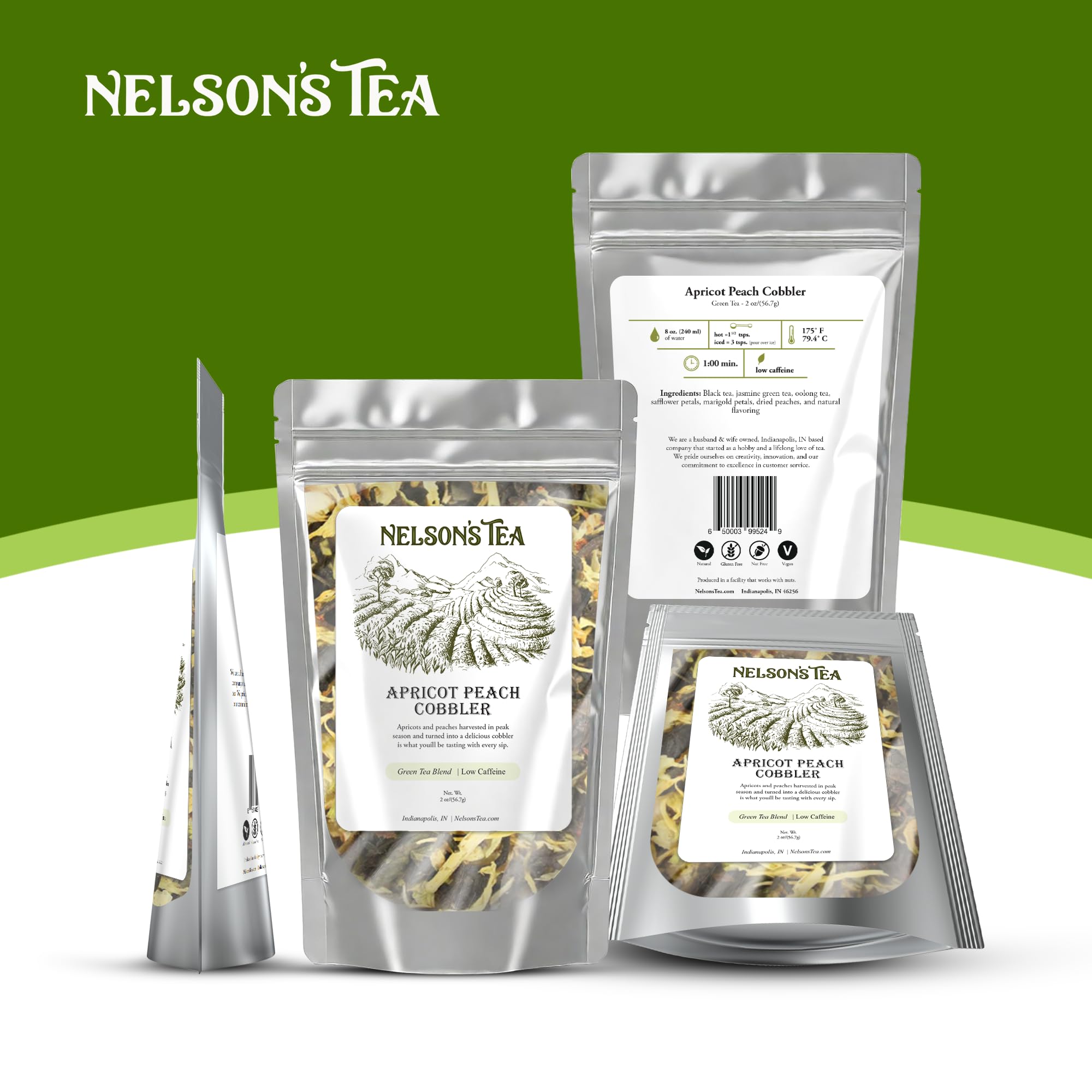 Nelson's Tea Apricot Peach Cobbler Tea Loose Leaf Blend - Jasmine Green Tea, Black Teas, Oolong, Safflower & Marigold Petals - Apricot Peach, Black