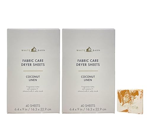 Bath & Body Works Coconut Linen Fabric Care Dryer Sheets - 2 Boxes (80 Sheets Total) - with a Peach Gardenia Sample Soap