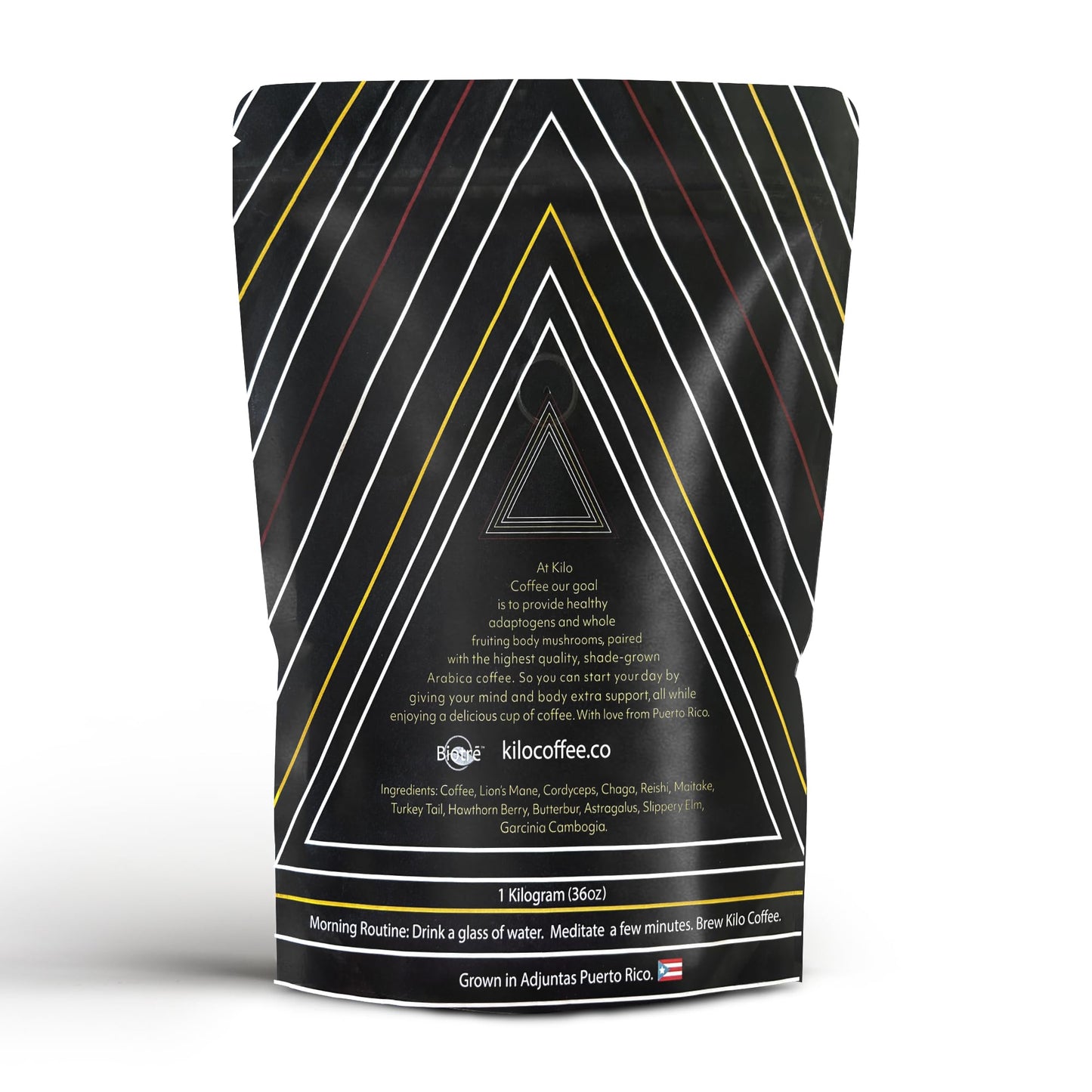 Kilo Mushroom Coffee, with Lions Mane, Chaga, Reishi, Cordyceps, Cacao, Cinnamon. Medium Roast, Arabica, Low Acid, from Puerto Rico. 2.2lbs