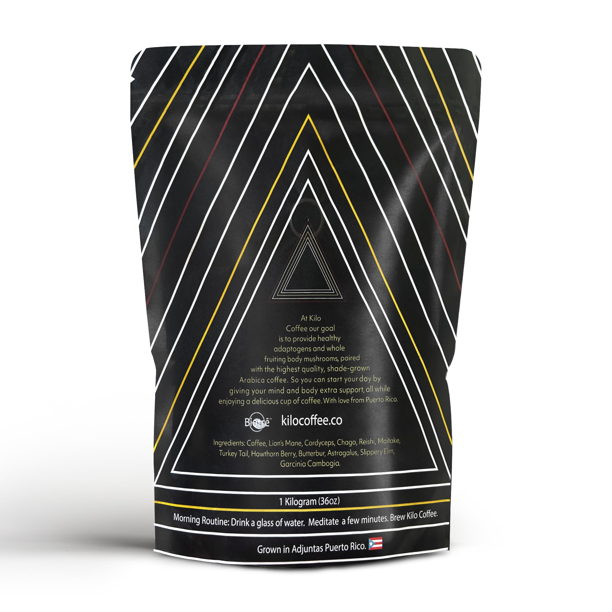 Kilo Mushroom Coffee, with Lions Mane, Chaga, Reishi, Cordyceps, Cacao, Cinnamon. Medium Roast, Arabica, Low Acid, from Puerto Rico. 2.2lbs