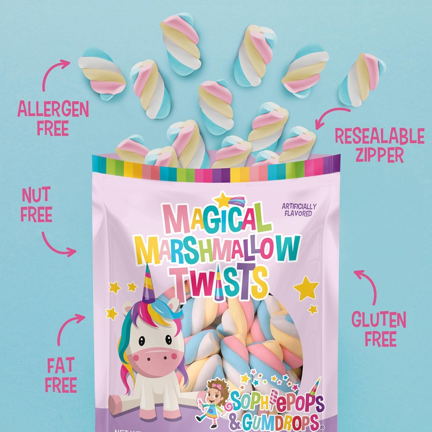Sophiepops & Gumdrops Magical Marshmallow Twists, Unicorn Candy, Rainbow Marshmallows for Easter or Any Party, Non-Fat, Nut and Gluten Free, 12 Oz, 6