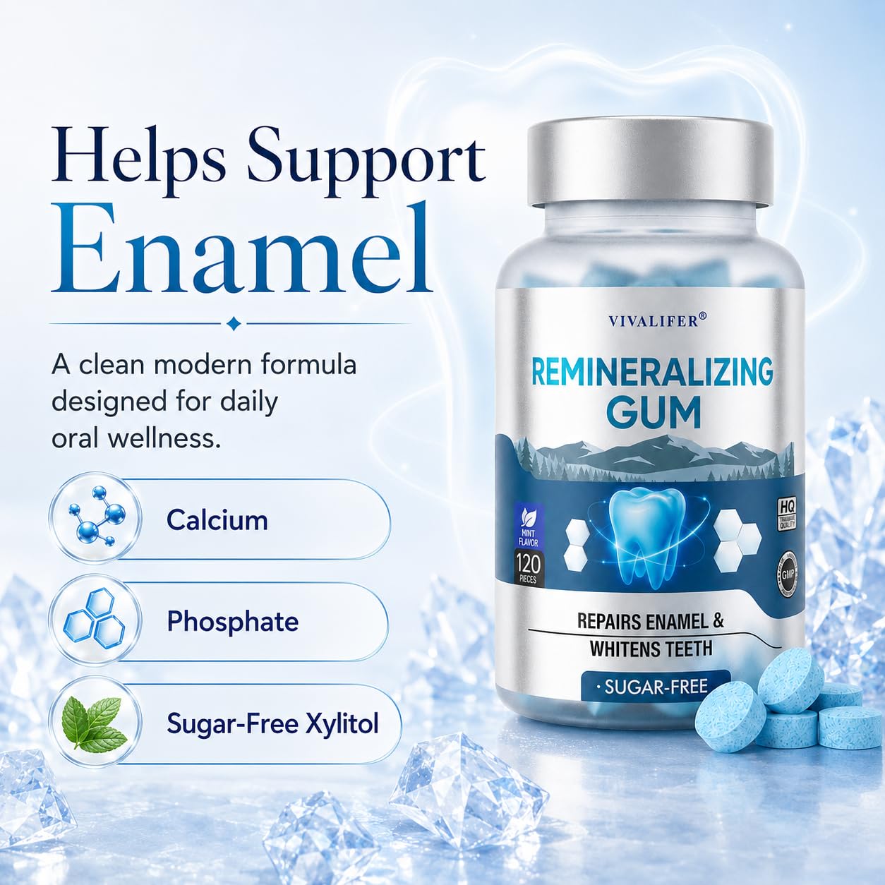 Remineralizing Chewing Gum for Enamel Strength, 240 Count Nano Hydroxyapatite Gum with Xylitol Sugar Free Oral Care Mints for Fresh Breath and Dry