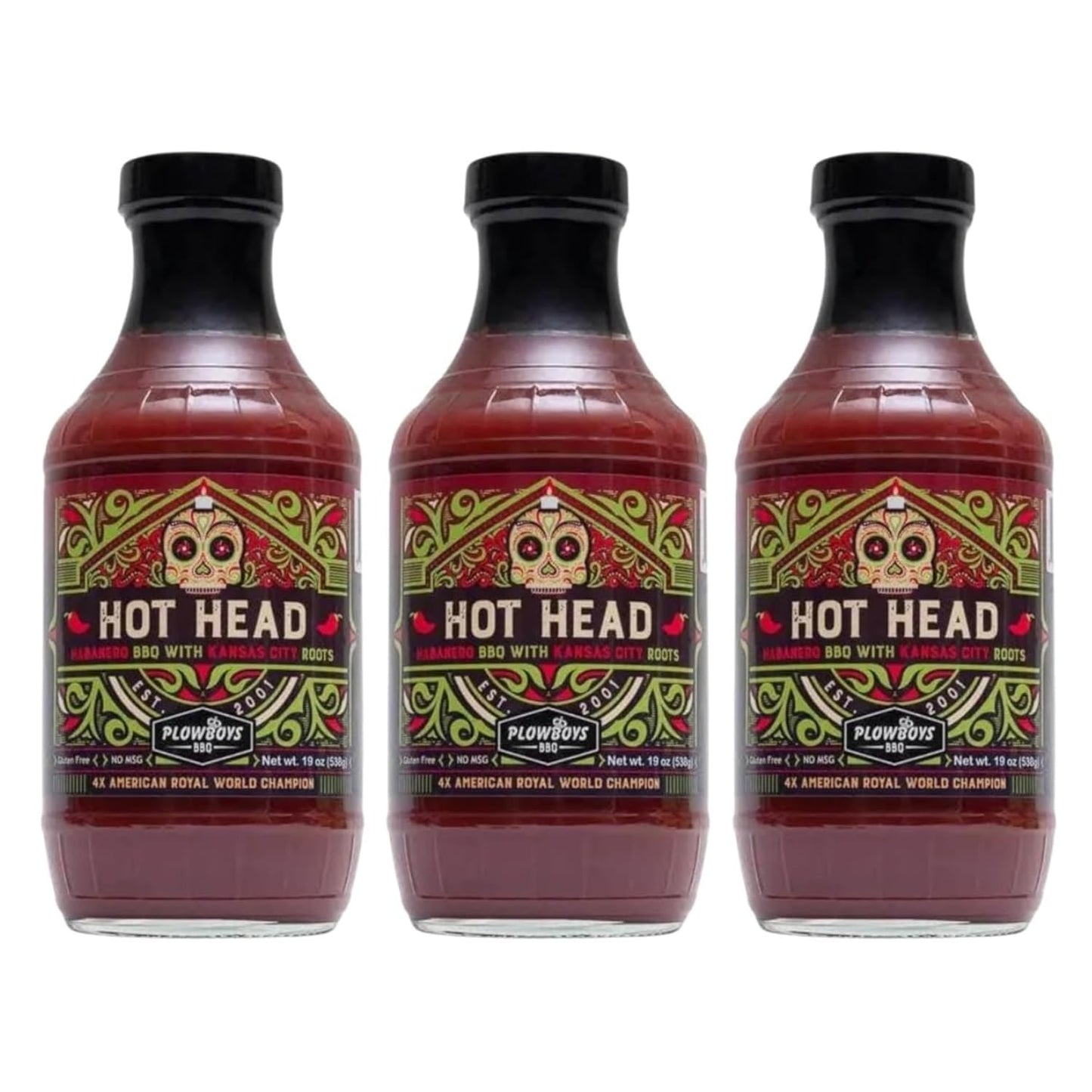 Plowboys Hot Head BBQ Sauce - Habanero Barbecue Sauce with Kansas City Style - Spicy Competition Sauce for Chicken, Ribs, Pork & Beef (Hot Head, Pack