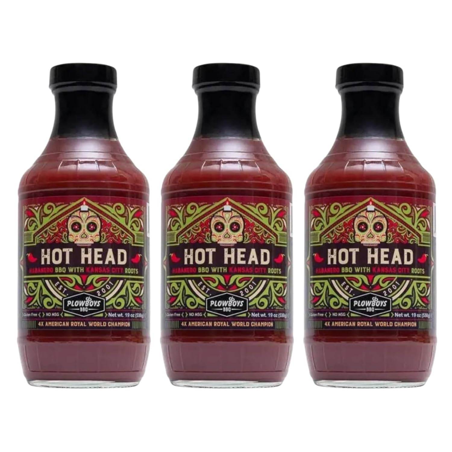 Plowboys Hot Head BBQ Sauce - Habanero Barbecue Sauce with Kansas City Style - Spicy Competition Sauce for Chicken, Ribs, Pork & Beef (Hot Head, Pack