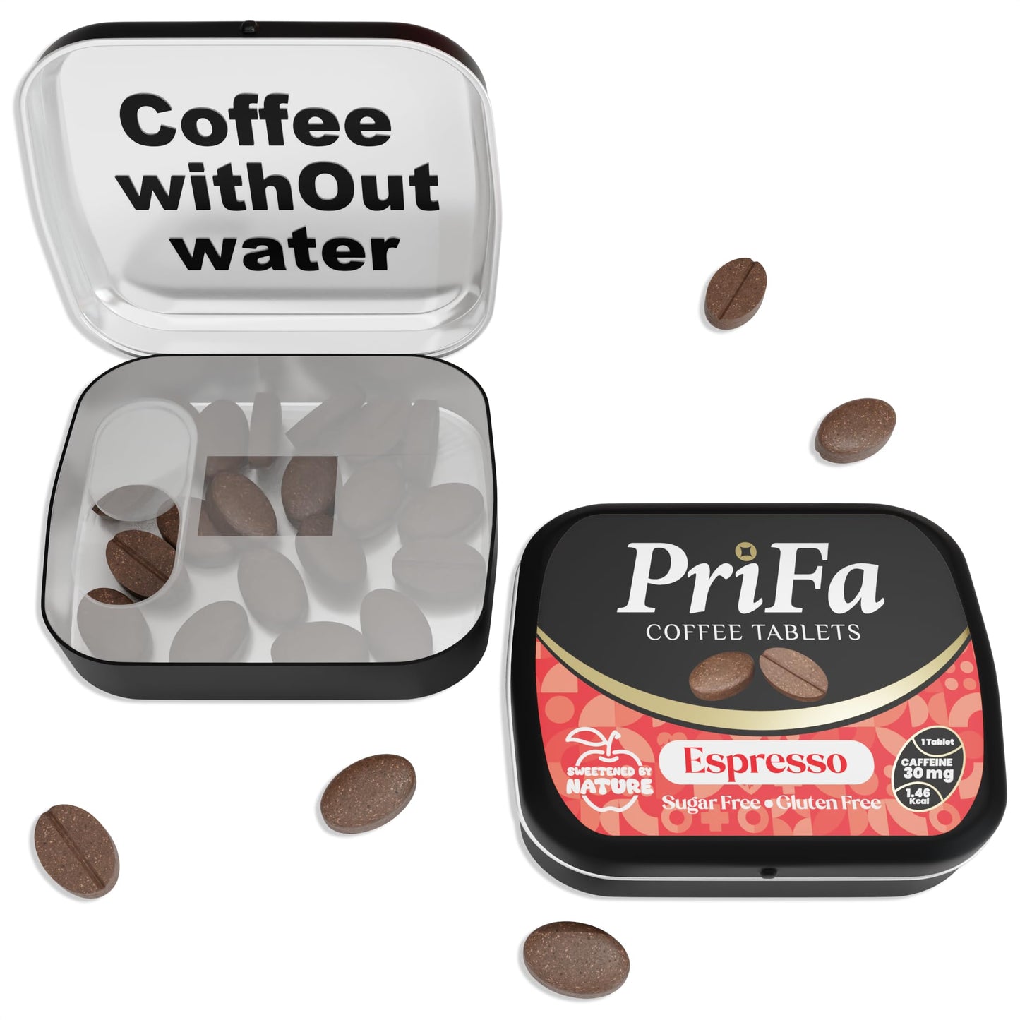 PriFa Sweet Espresso Coffee Tablets - Water-Free Instant Coffee, Sugar-Free, Sweetened with Stevia, Pocket-Sized, On-The-Go Caffeine Boost - 30mg