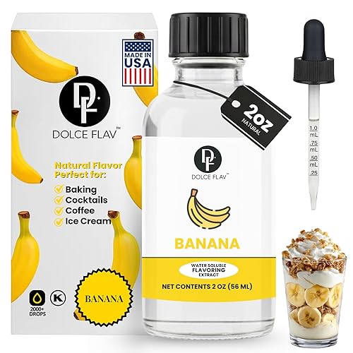 Dolce Flav Natural Banana Extract - 2 oz Water-Soluble Pure Banana Flavoring Drops for Baking, Smoothies & Desserts | Sugar Free, Allergen Free