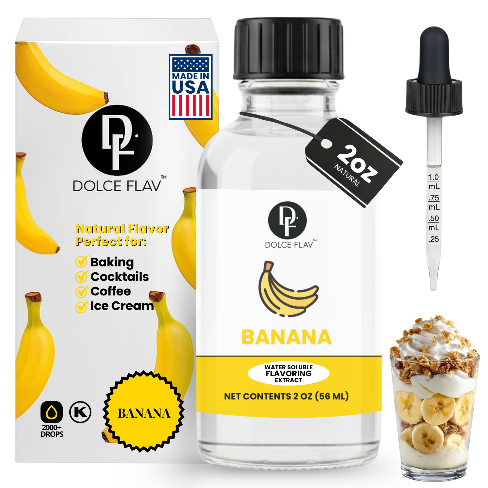 Dolce Flav Natural Banana Extract - 2 oz Water-Soluble Pure Banana Flavoring Drops for Baking, Smoothies & Desserts | Sugar Free, Allergen Free