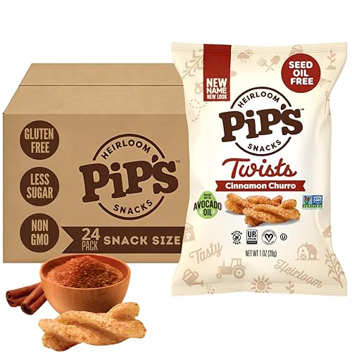 Pip’s Heirloom Cinnamon Churro Twists - 1 oz Bags (24 pk) - Individually Wrapped Snack Packs Made With Heirloom Corn & Avocado Oil - Better For You