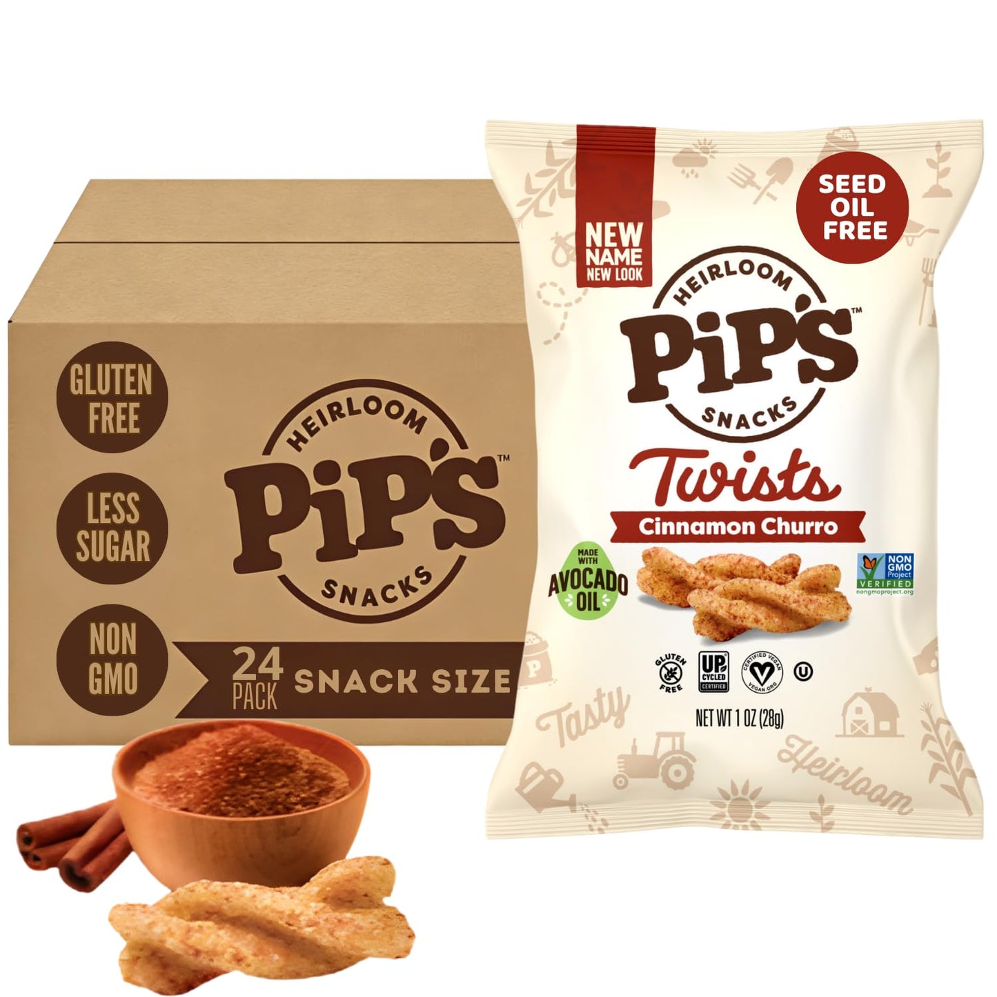 Pip’s Heirloom Cinnamon Churro Twists - 1 oz Bags (24 pk) - Individually Wrapped Snack Packs Made With Heirloom Corn & Avocado Oil - Better For You