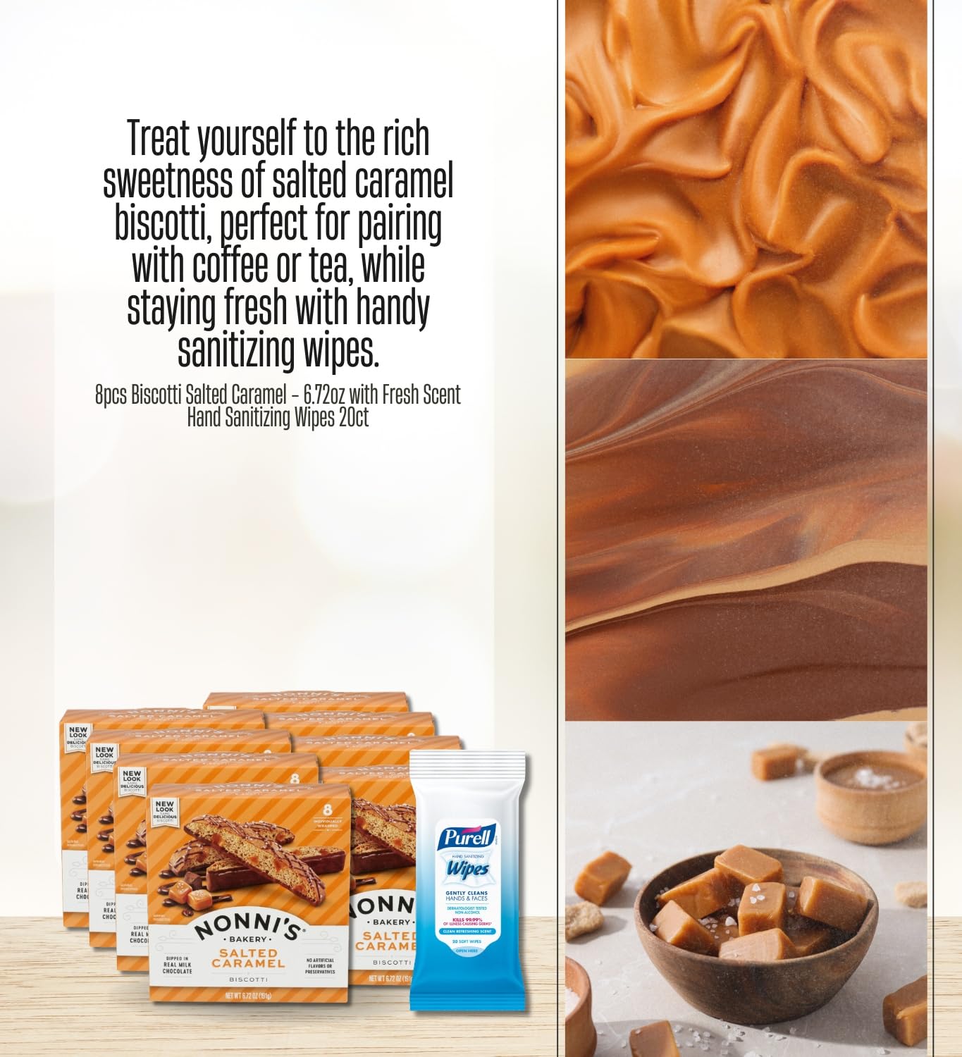 8x Nonnis Biscotti Salted Caramel 6.72 OZ Bundle with Hand Sanitizing Wipes - Crunchy Italian Biscotti with Caramel Flavor Plus Convenient Wipes
