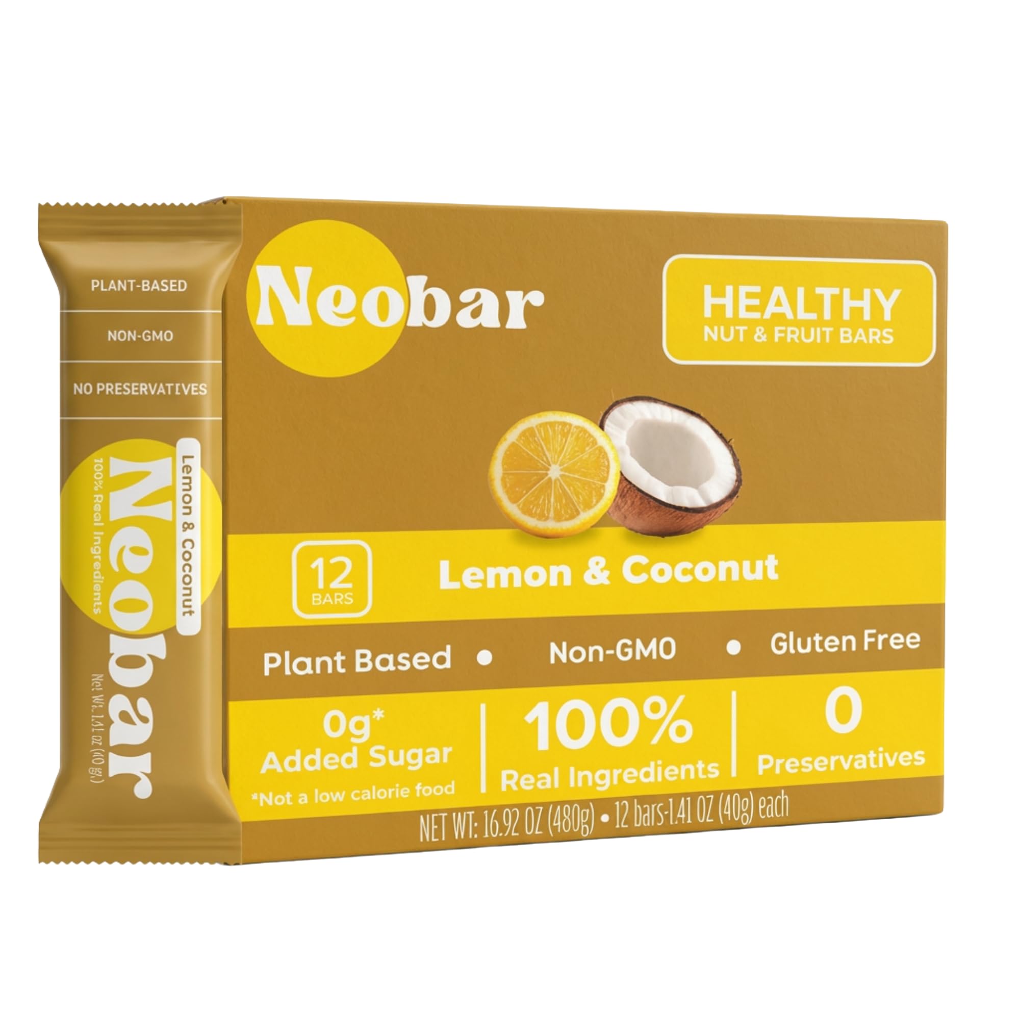 NEOBAR Lemon Coconut Plant-Based Vegan Snack Bars, Gluten Free Dairy Free Snacks, No Added Sugar, No Preservatives, Non-GMO | 12 Count