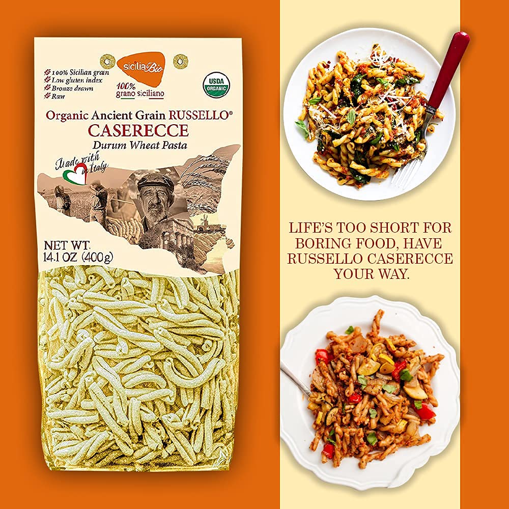 6 PACKS ORGANIC ITALIAN SEMI WHOLE DURUM WHEAT CASERECCE PASTA - Sicilian Ancient Grain Russello Vegan Pasta Crafted in Italy. LOW-GLUTEN INDEX. Has