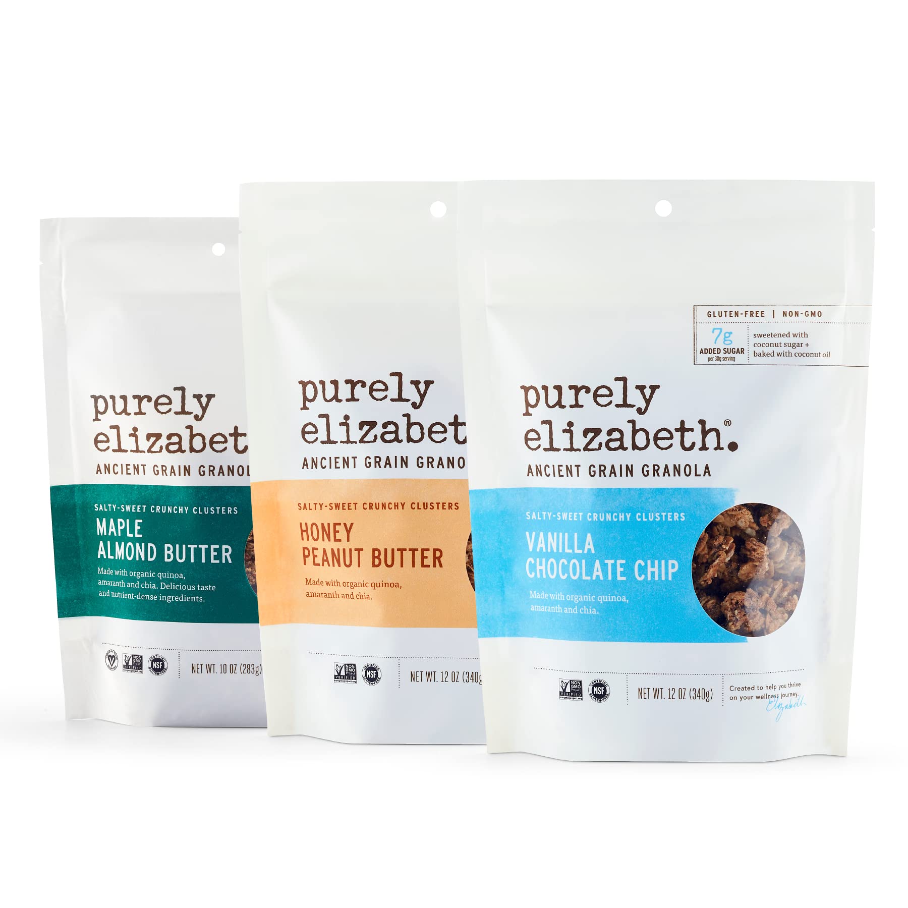 Purely Elizabeth, Superfood Snack Granola Variety Pack, Gluten-Free (3 Ct.) (Vanilla Chocolate Chip, Honey Peanut Butter, Maple Almond Butter)