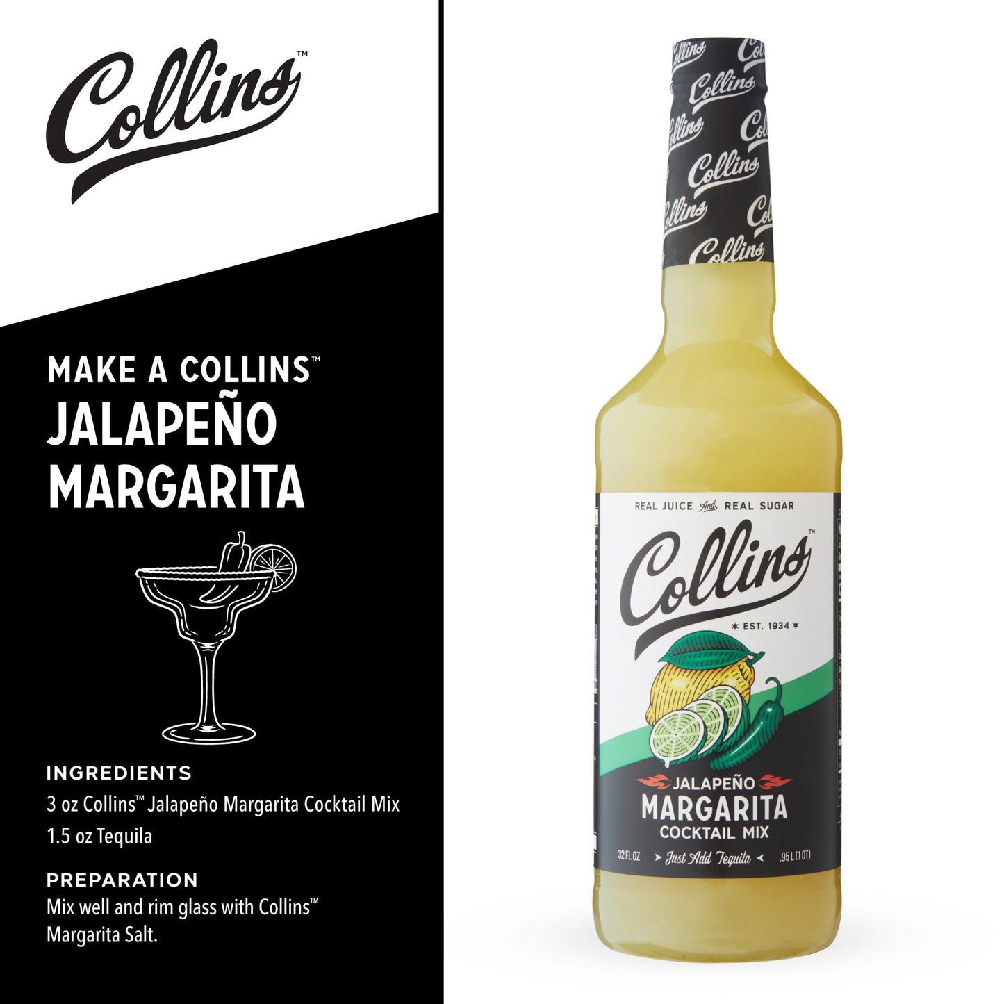 Collins Jalapeno Margarita Mix | Made With Real Jalapeno Puree and Lime, Lemon, and Orange Juice With Natural Flavors, Cocktail Recipe Ingredient