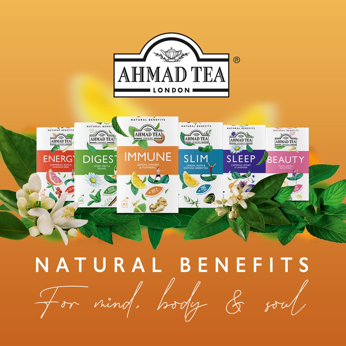 Ahmad Tea Natural Benefit Functional Tea Selection Pack | Green teas, Fruit & Herbal Infusions | Perfect herbal tea gift - 60 Teabag Sachets | 6