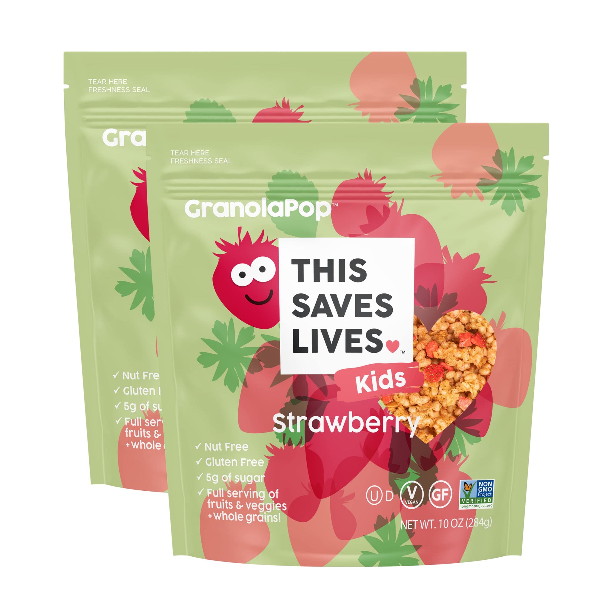 This Saves Lives Kids' GranolaPop, Strawberry Granola, Healthy Safe-For-School Kids' Breakfast and Snack, Vegan, Gluten Free, Nut Free, Dairy Free