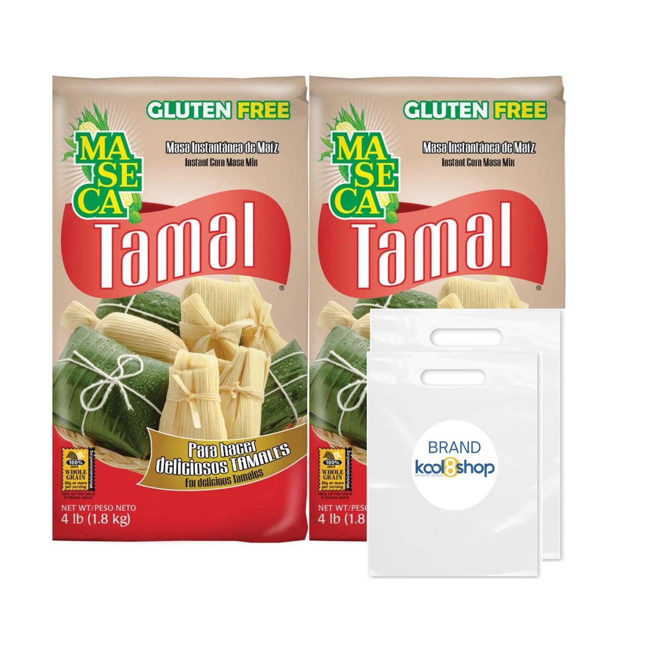 Maseca Tamal Instant Corn Masa Flour Gluten Free Kosher 4 lbs Bag 2 Pack + 2 Storage Reusable Bags by KOOL8SHOP Infinite Deals
