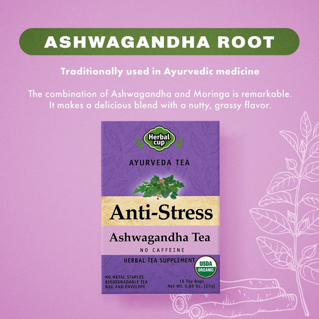 Herbal Cup Ayurveda Ashwagandha Tea, Organic Anti-Stress, No Caffeine Herbal Supplement (16 Count, Pack of 1)