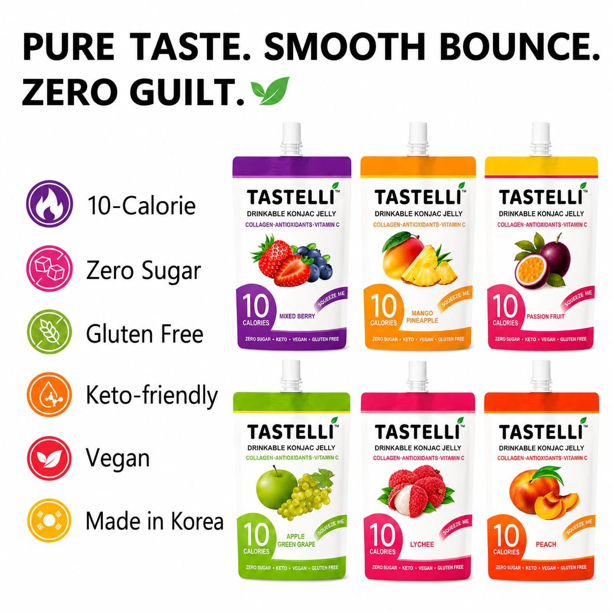 Tastelli Konjac Jelly Variety Pack (18 Pouches) - 1000 mg Collagen + Vitamin C + Antioxidants - 10 Calories, Vegan, Zero Sugar - Healthy Drinkable