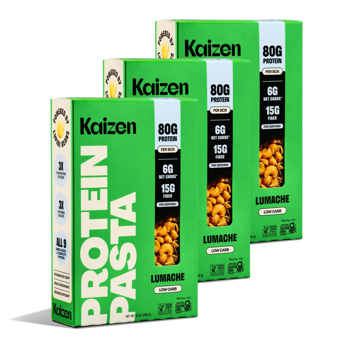 Kaizen Lumache Protein Pasta, 20g Protein, Low Carb (6g Net Carbs), Keto-Friendly, Gluten-Free, Plant-Based Lupini Noodles, High Fiber, 8 Ounce, Pack