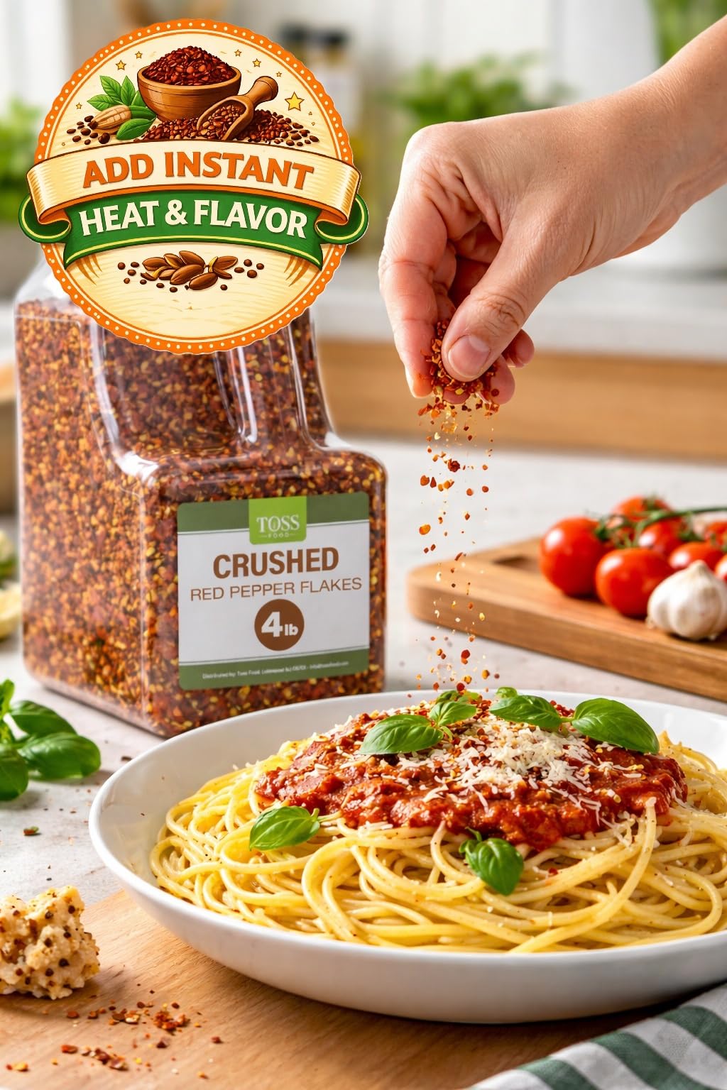 TOSS Crushed Red Pepper Flakes, Red Chili Bulk Spice 4 LB Container, Hot Pepper Flakes For Pizza Seasoning, Great for Chowder, Seafood, Pasta