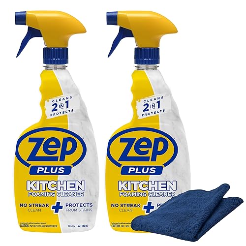 Zep Plus Foaming Kitchen Cleaner 32 oz (2 Units) & a Blue Microfiber Rag ECBD024-2-Pack No-Streak Cleaner for Kitchen Countertops Backsplashes