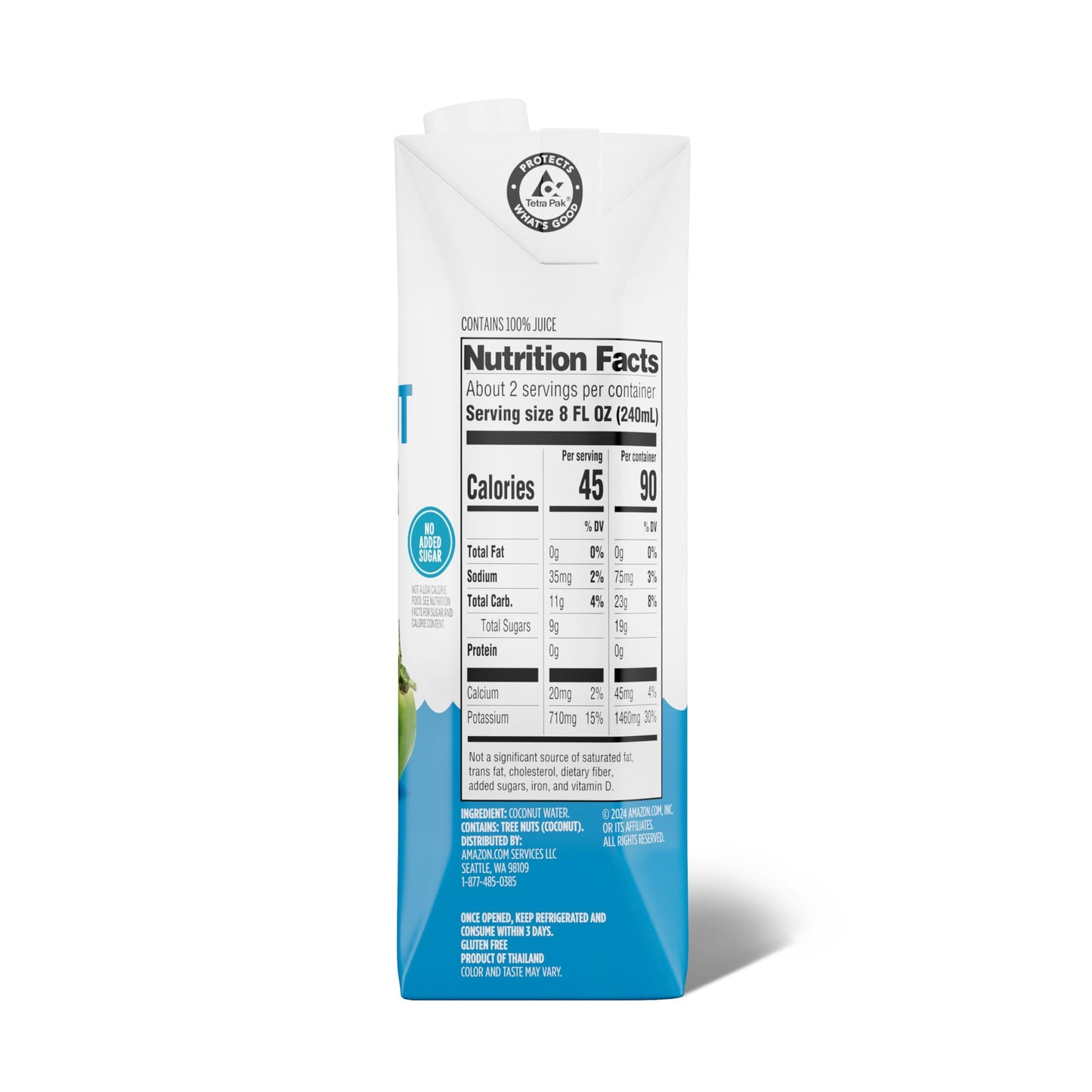 Amazon Fresh, 100% Pure Coconut Water Original, Not from Concentrate, 16.9 Fl Oz