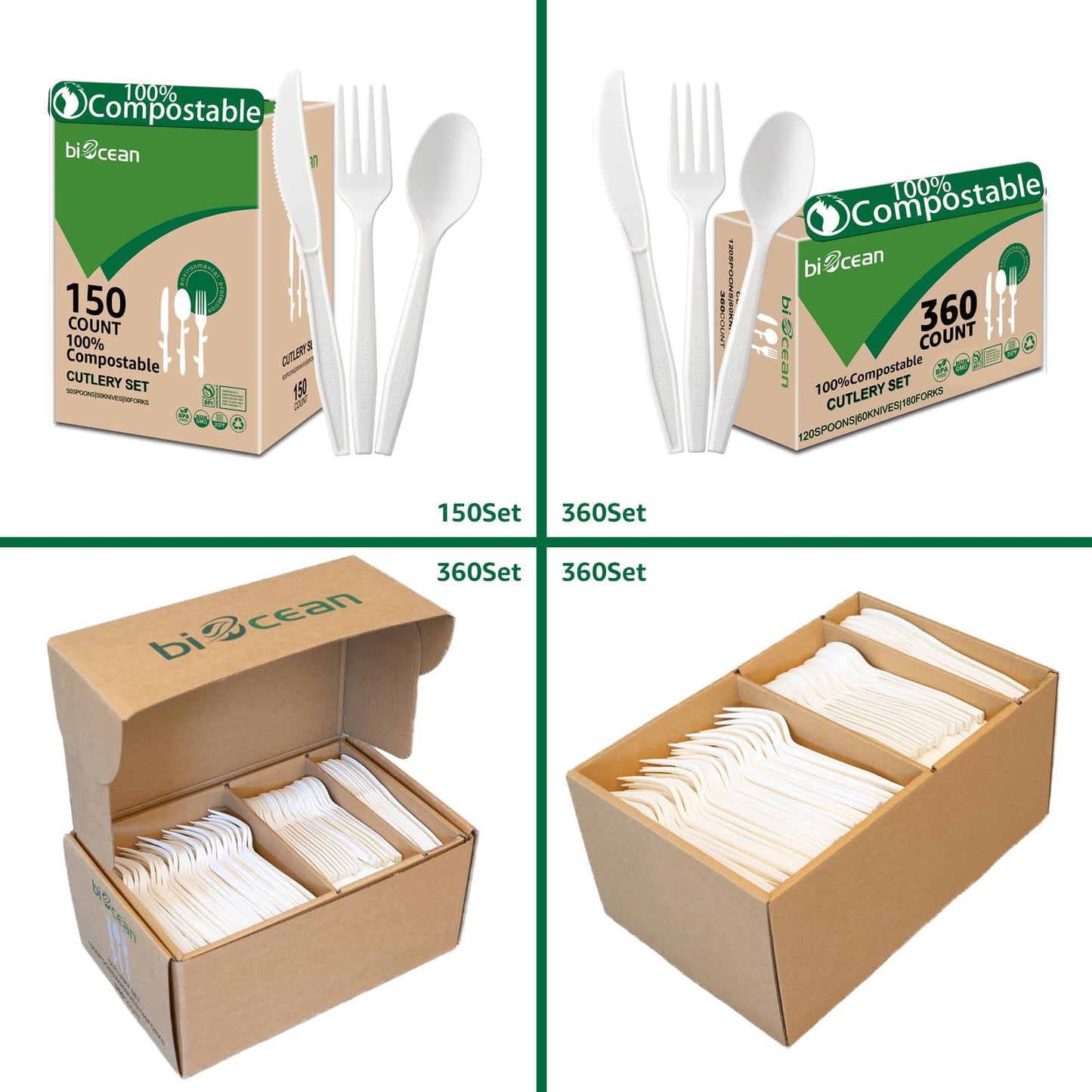 BIOCEAN 100% Compostable No Plastic Utensils - Heavy Duty Eco-Friendly Flatware for Lounge, Party, Wedding, BBQ, Picnic, Camping [Utensils Set, 360
