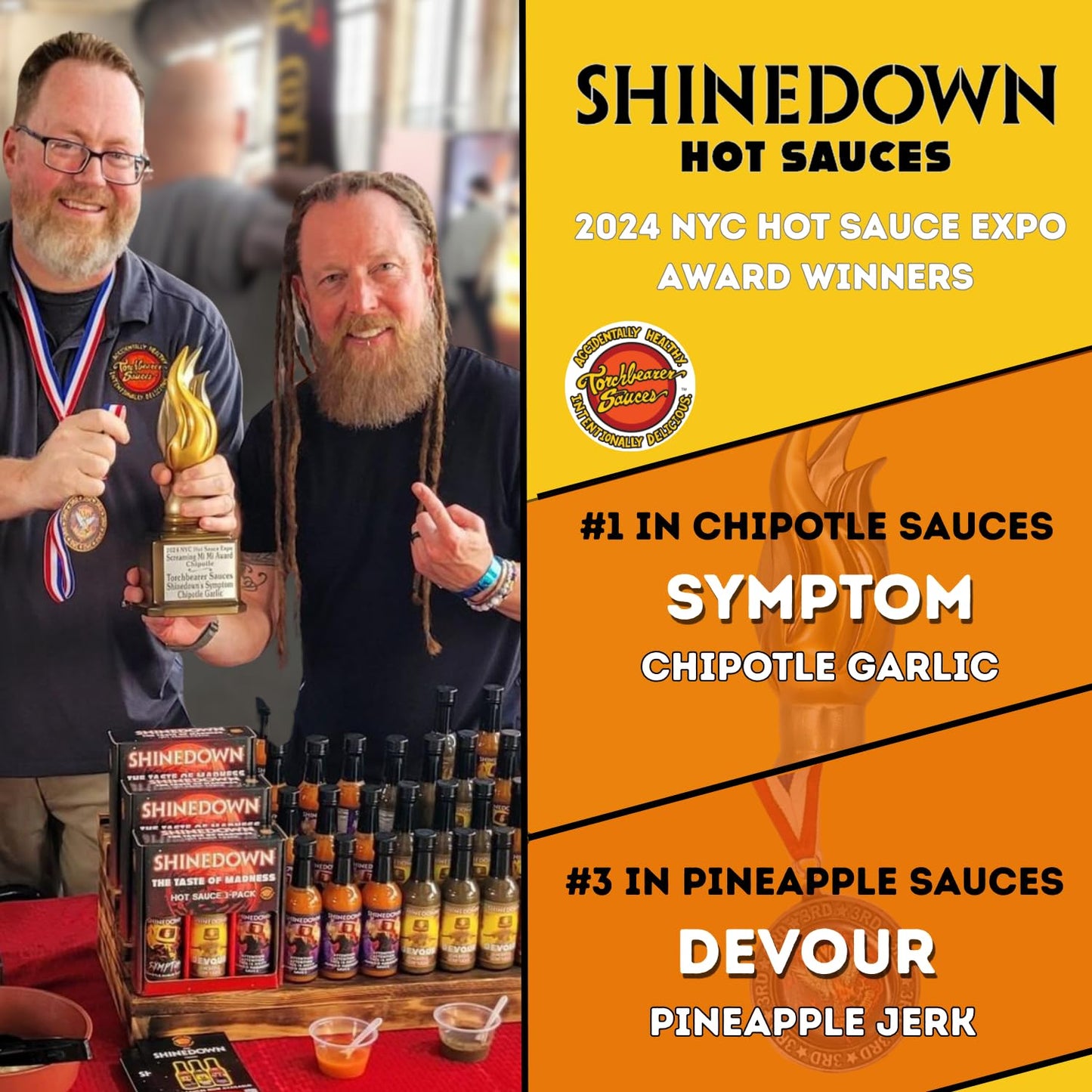 Shinedown's Taste of Madness Hot Sauce Variety 3 Pack Gift Set, 5oz - Symptom Chipotle Garlic, Devour Pineapple Jerk Sauce, Attention, Attention Mango