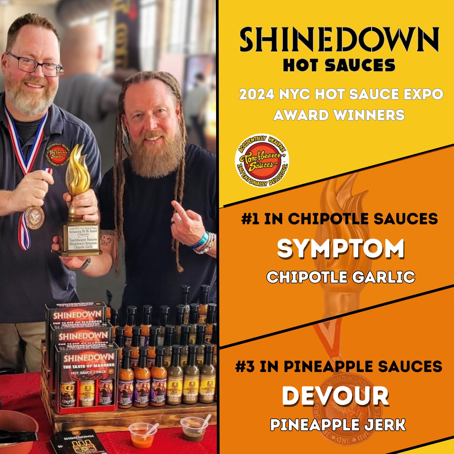 Shinedown's Taste of Madness Hot Sauce Variety 3 Pack Gift Set, 5oz - Symptom Chipotle Garlic, Devour Pineapple Jerk Sauce, Attention, Attention Mango